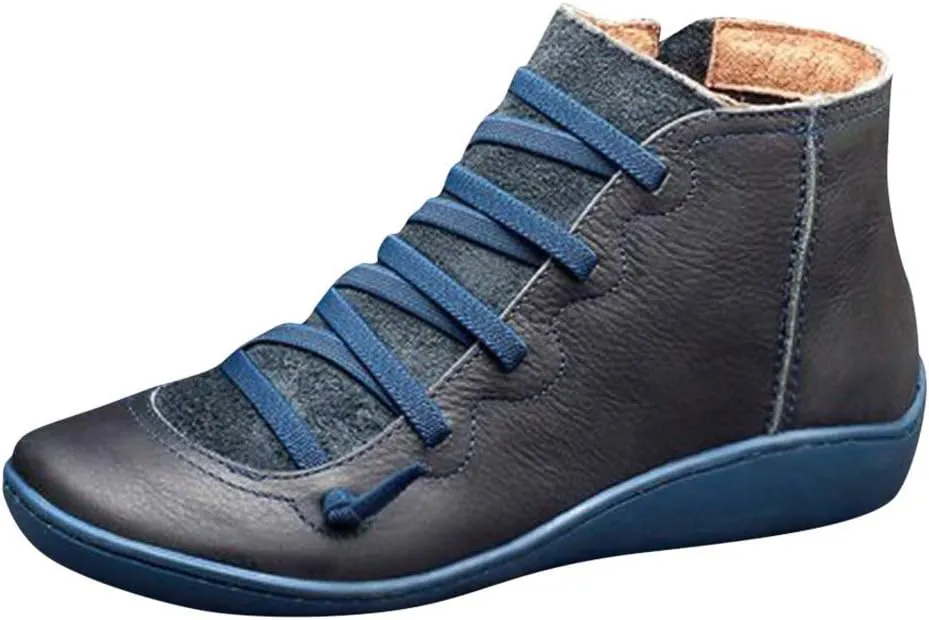 Ankle Boots for Women No Heel,2019 New Arch Support Booties Side Zip-up Vintage Leather Damping Shoes Flat Heel Booties