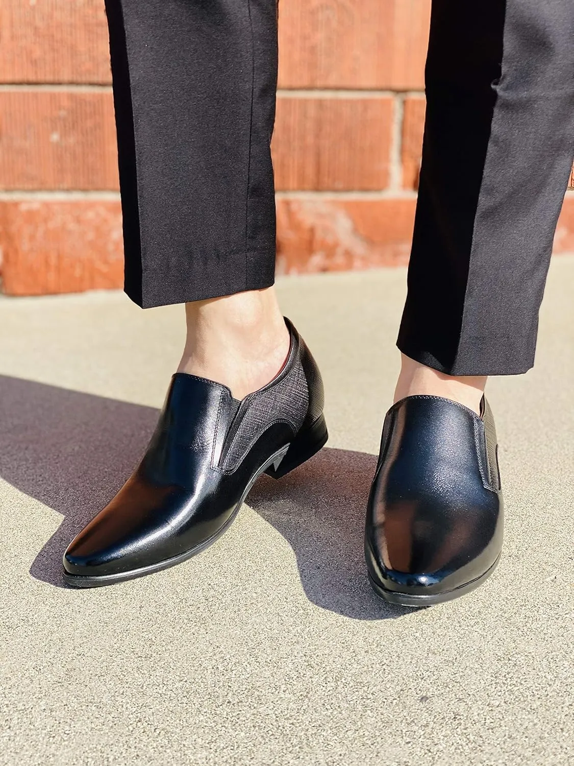CALTO Men's Invisible Height Increasing Elevator Shoes - Black Leather Slip-on Formal Dress Loafers- 3 Inches Taller - Y5530 - Size 12 D(M) US
