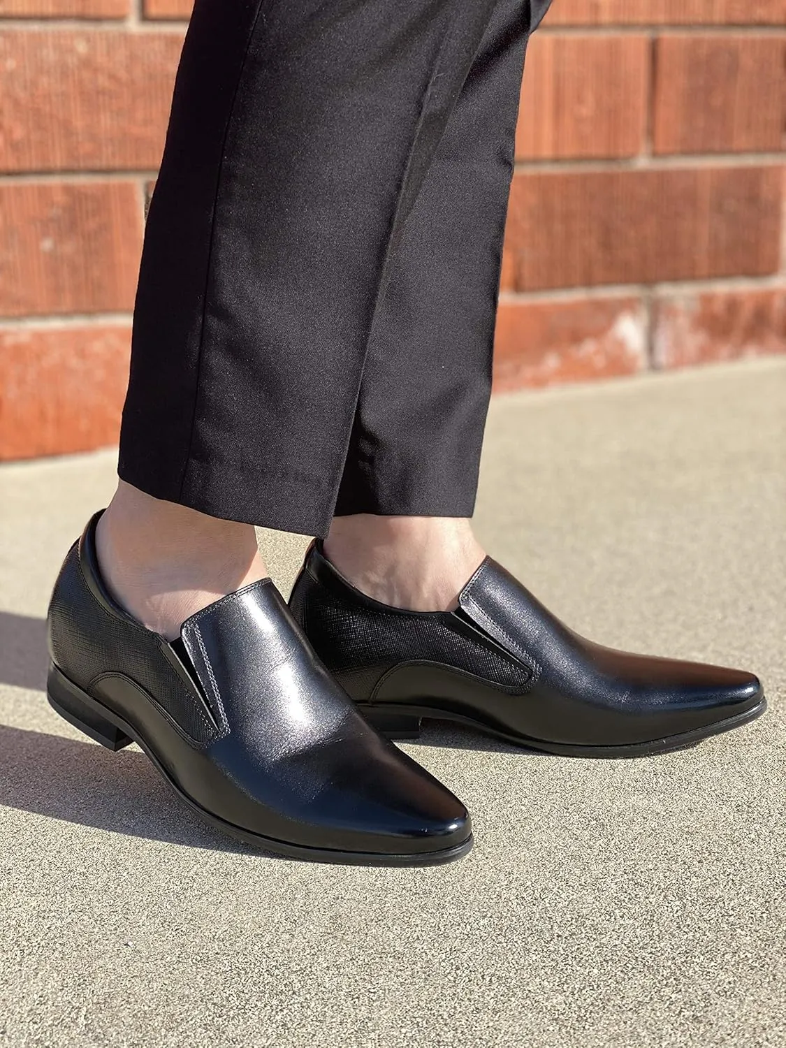 CALTO Men's Invisible Height Increasing Elevator Shoes - Black Leather Slip-on Formal Dress Loafers- 3 Inches Taller - Y5530 - Size 12 D(M) US