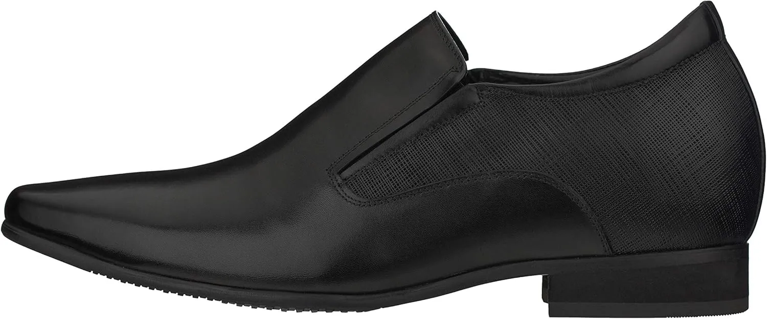 CALTO Men's Invisible Height Increasing Elevator Shoes - Black Leather Slip-on Formal Dress Loafers- 3 Inches Taller - Y5530 - Size 12 D(M) US