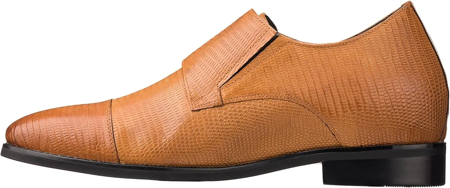 CALTO Men's Invisible Height Increasing Elevator Shoes - Brown Leather Slip-on Dual Monk Straps Formal Loafers- 2.8 Inches Taller - K3115 - Size 6.5 D(M) US
