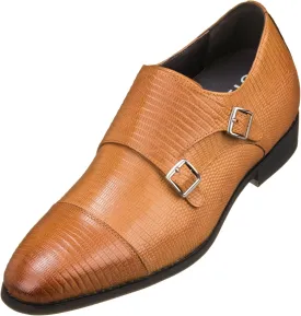 CALTO Men's Invisible Height Increasing Elevator Shoes - Brown Leather Slip-on Dual Monk Straps Formal Loafers- 2.8 Inches Taller - K3115 - Size 6.5 D(M) US