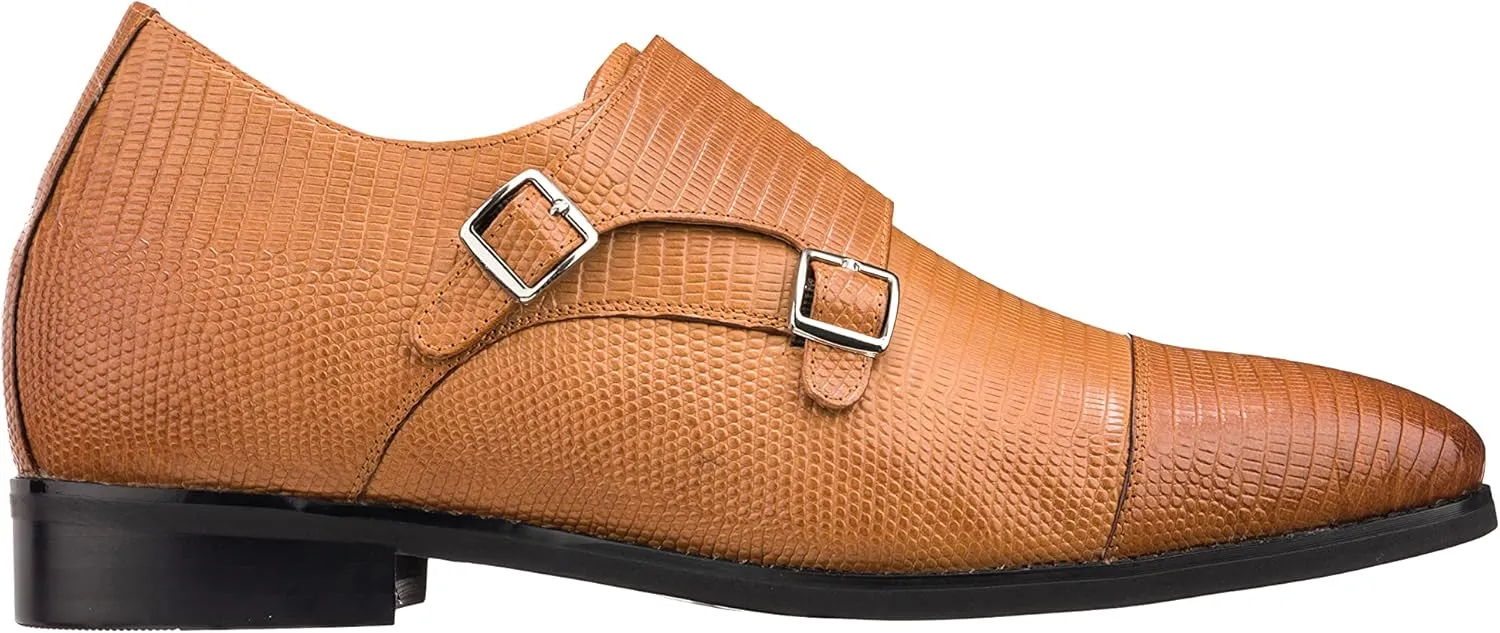 CALTO Men's Invisible Height Increasing Elevator Shoes - Brown Leather Slip-on Dual Monk Straps Formal Loafers- 2.8 Inches Taller - K3115 - Size 6.5 D(M) US