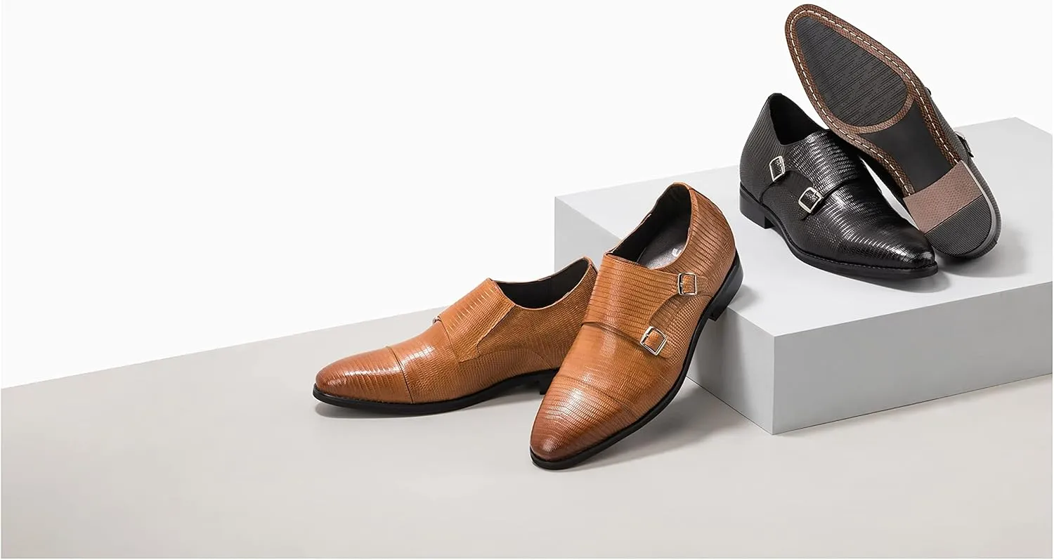 CALTO Men's Invisible Height Increasing Elevator Shoes - Brown Leather Slip-on Dual Monk Straps Formal Loafers- 2.8 Inches Taller - K3115 - Size 6.5 D(M) US