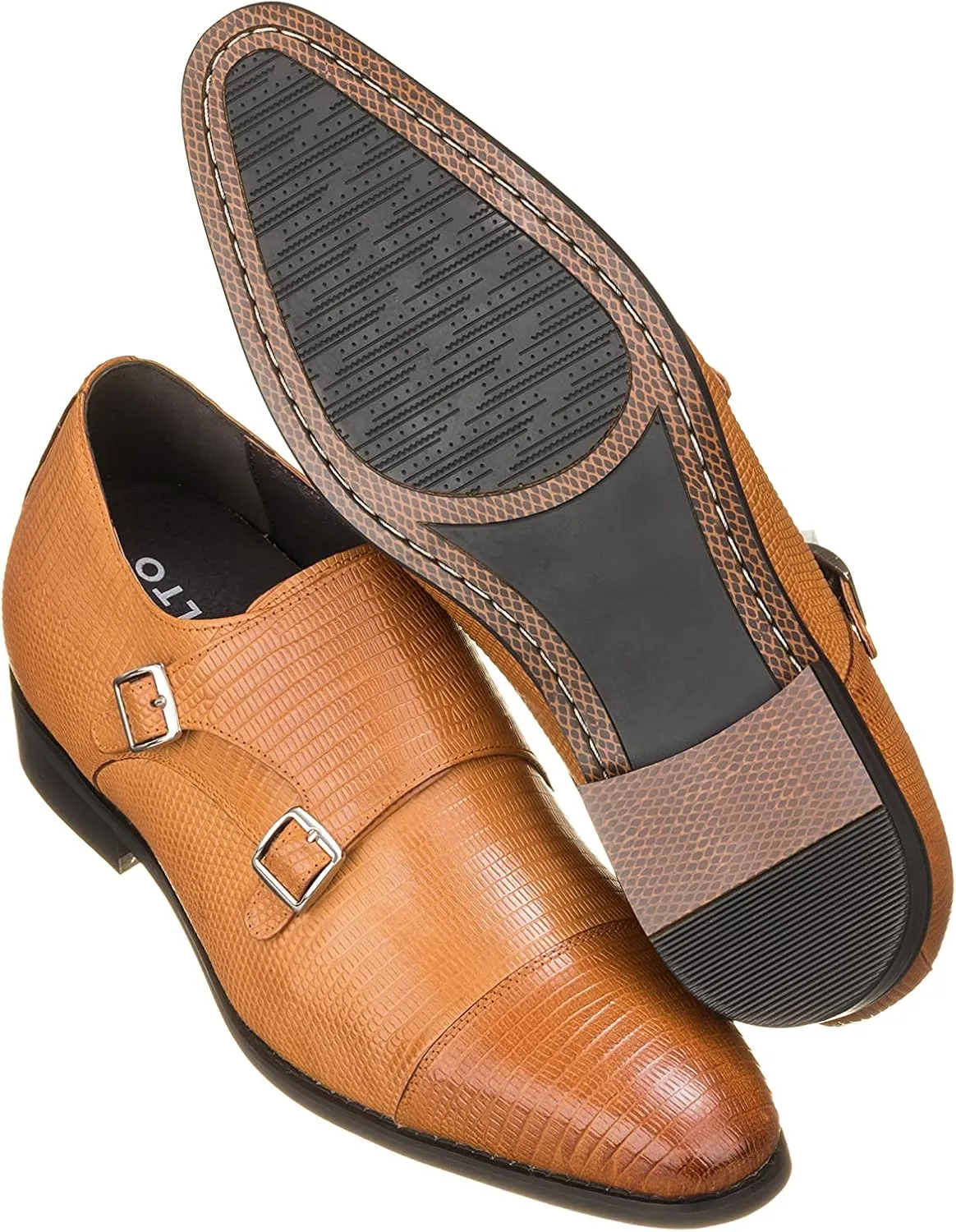 CALTO Men's Invisible Height Increasing Elevator Shoes - Brown Leather Slip-on Dual Monk Straps Formal Loafers- 2.8 Inches Taller - K3115 - Size 6.5 D(M) US