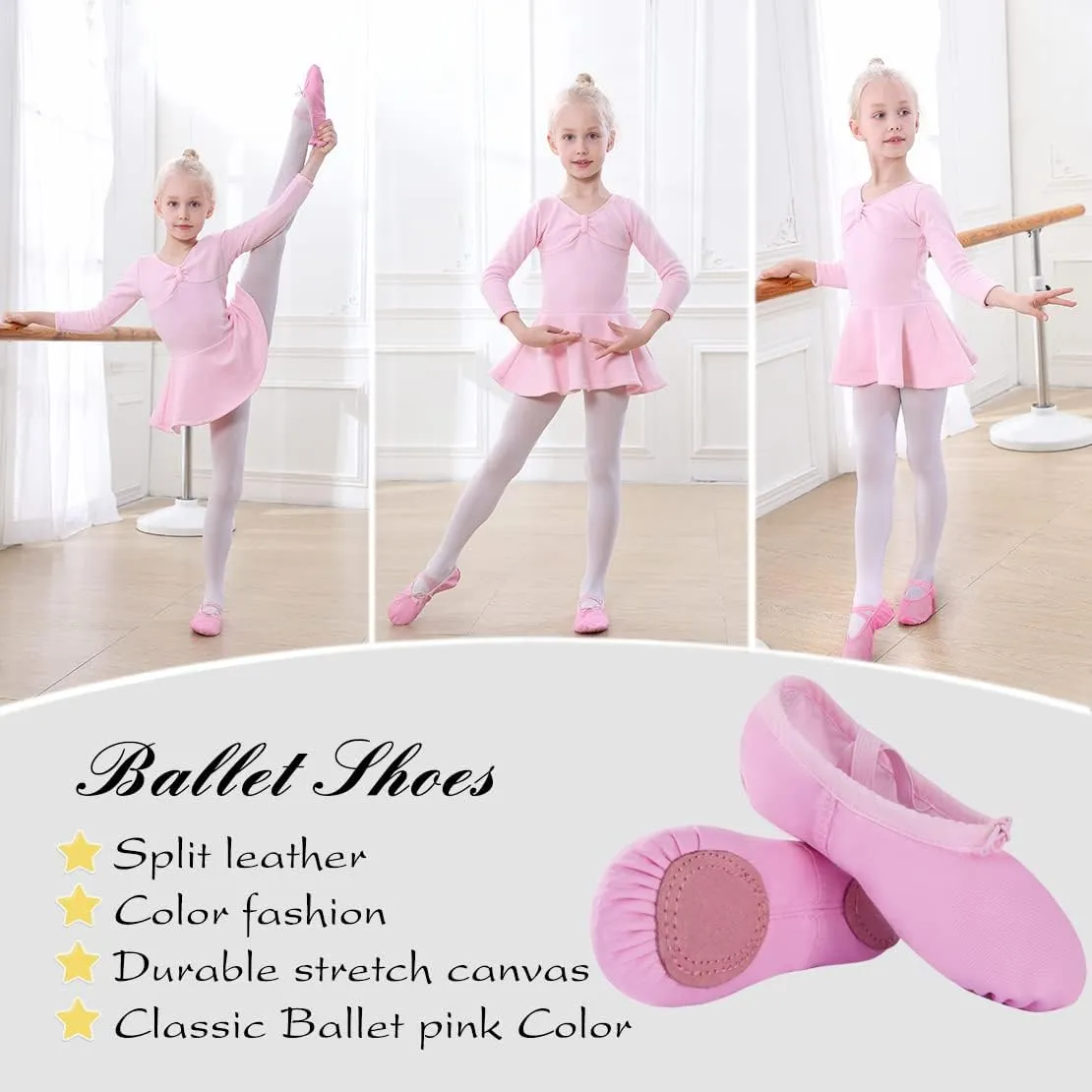 Canvas Ballet Shoes for Girls, Dance Practice Slippers Split Soft Leather Flat Shoes(Toddler/Little Kid/Big Kid)