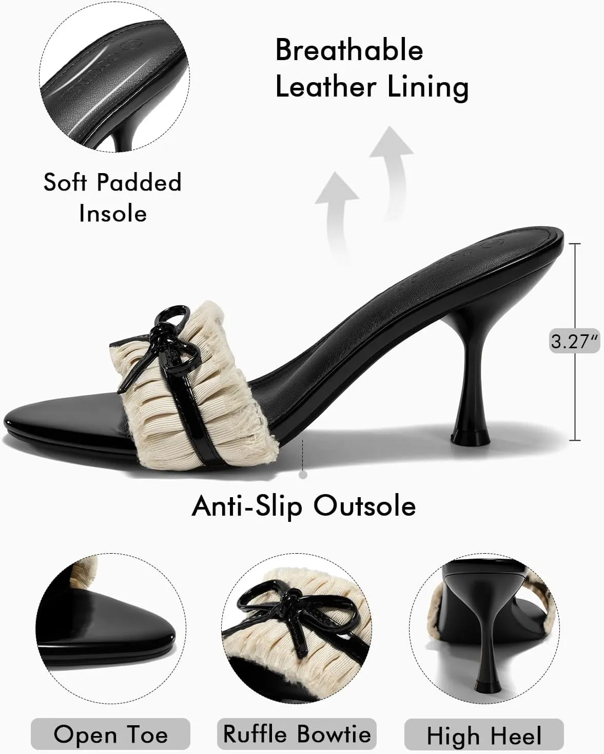 Coutgo Womens High Heels Mules Open Toe Bow Tie Sandals Ruffle Stiletto Slip on Prom Dress Shoes