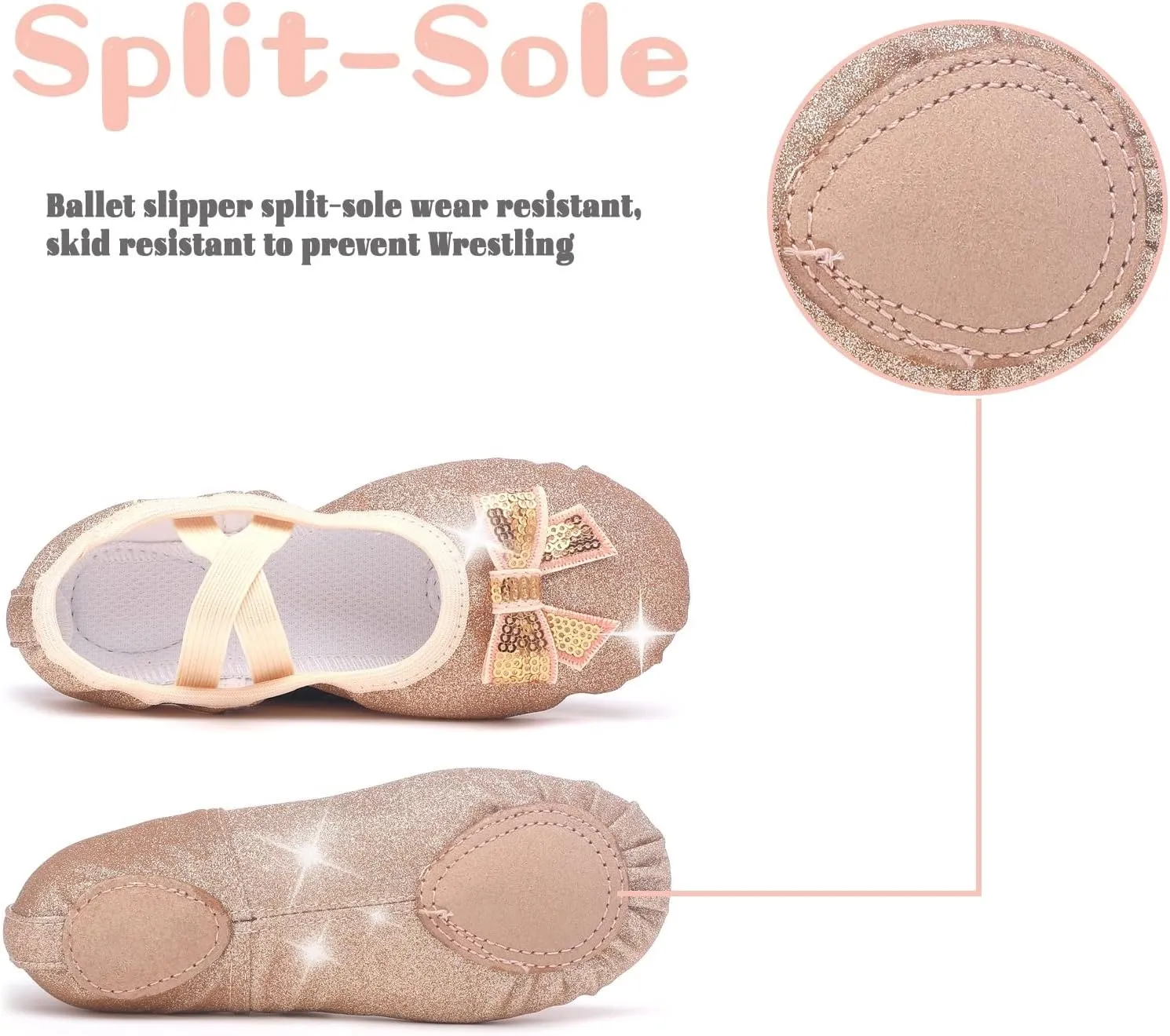 Girls Ballet Shoes Glitter Split-Sole Dance Slippers Toddler Kid Practice Shoes Flats Soft Lightweight with Elastic Laces for Performance Gymnastics Yoga