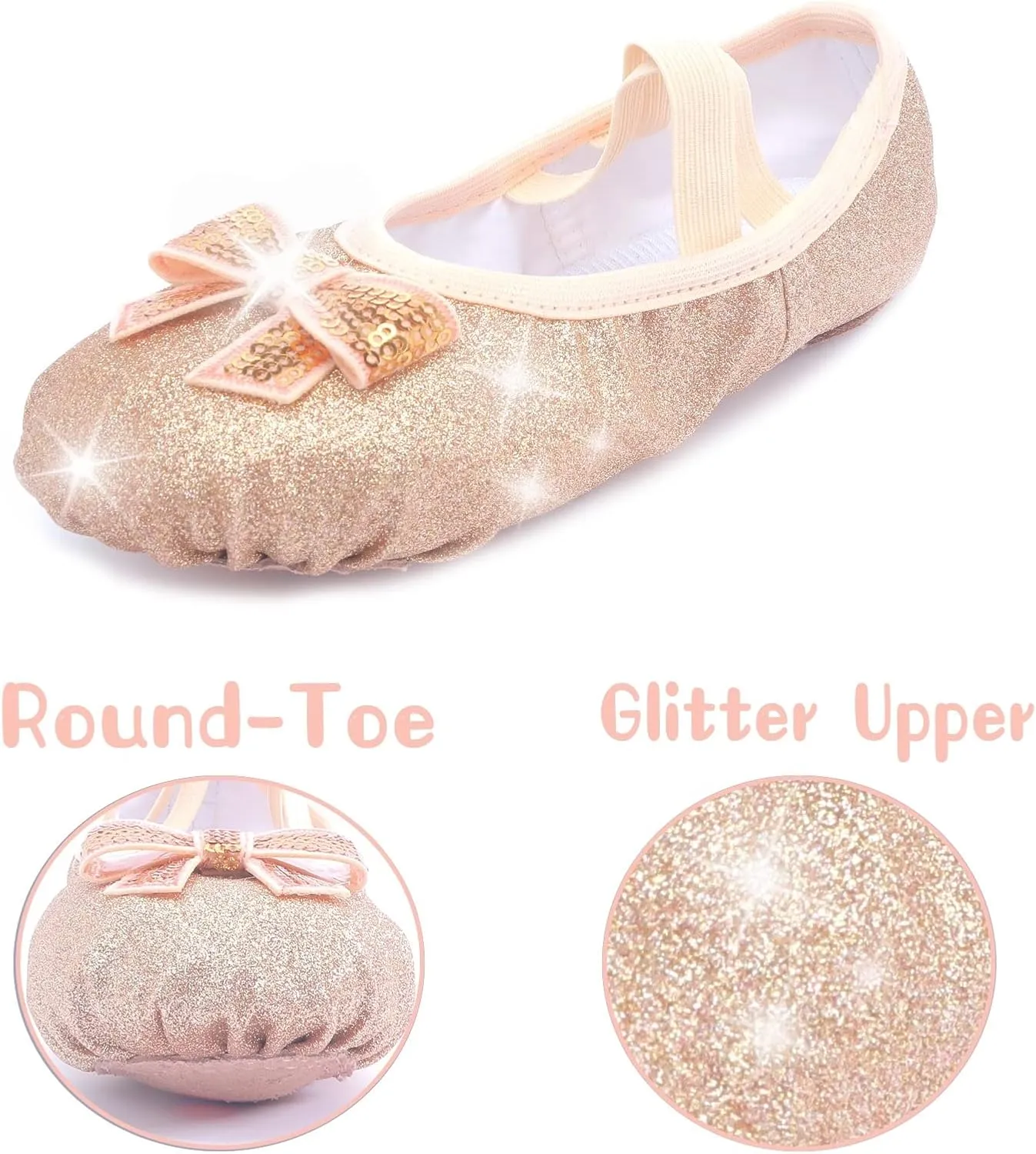 Girls Ballet Shoes Glitter Split-Sole Dance Slippers Toddler Kid Practice Shoes Flats Soft Lightweight with Elastic Laces for Performance Gymnastics Yoga