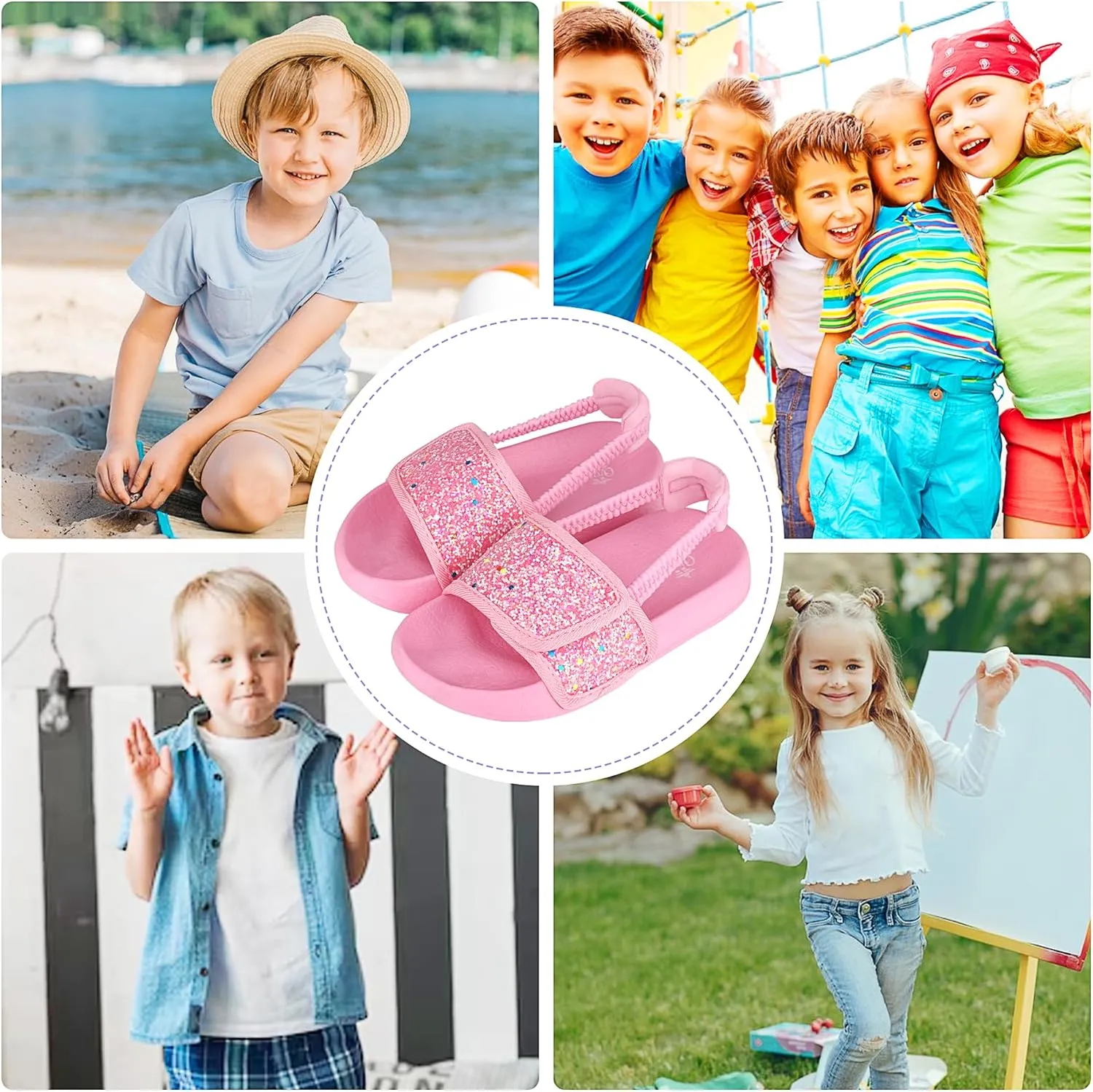 Kids Flip Flops Sandals Toddler Boys Girls Sequin Slides Shower Beach Pool Shoes Slip on Summer Slippers with Back Strap