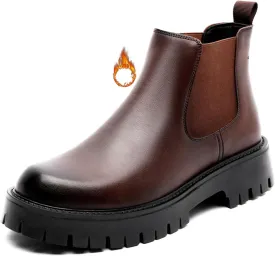 Men's Genuine Leather Elastic Panels Platform Chunky Heel Chelsea Boots Fashion Round Toe Slip On Lug Sole Warm Dress Ankle Boots for Business Work