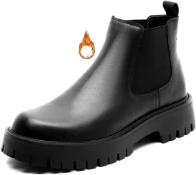 Men's Genuine Leather Elastic Panels Platform Chunky Heel Chelsea Boots Fashion Round Toe Slip On Lug Sole Warm Dress Ankle Boots for Business Work