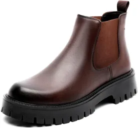 Men's Genuine Leather Elastic Panels Platform Chunky Heel Chelsea Boots Fashion Round Toe Slip On Lug Sole Warm Dress Ankle Boots for Business Work