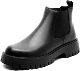 Men's Genuine Leather Elastic Panels Platform Chunky Heel Chelsea Boots Fashion Round Toe Slip On Lug Sole Warm Dress Ankle Boots for Business Work