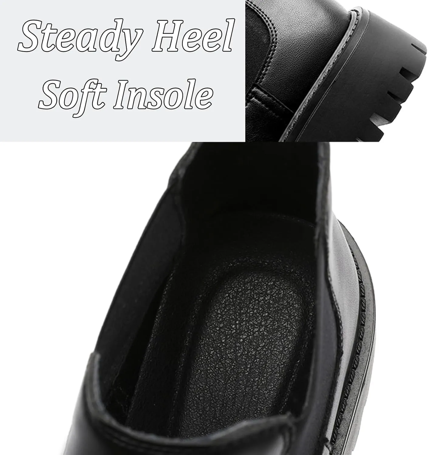 Men's Genuine Leather Elastic Panels Platform Chunky Heel Chelsea Boots Fashion Round Toe Slip On Lug Sole Warm Dress Ankle Boots for Business Work