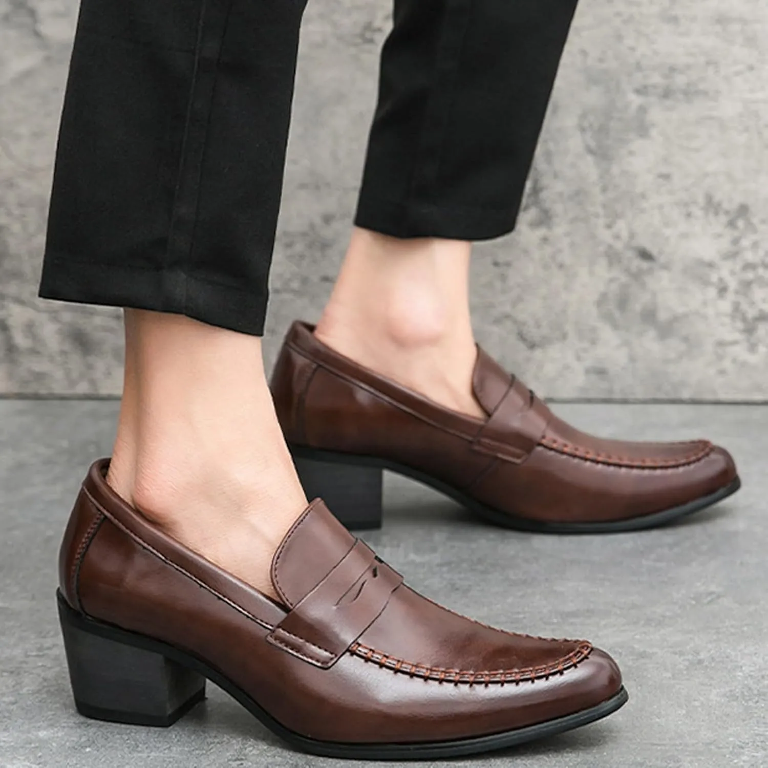 Men's Leather Block Mid-Heel Slip-On Formal Loafers Shoes Retro Handmade Pointed Chunky Heel Non-Slip Slip On Low Top Business Chelsea Oxford Shoes for Work Party Wedding Office
