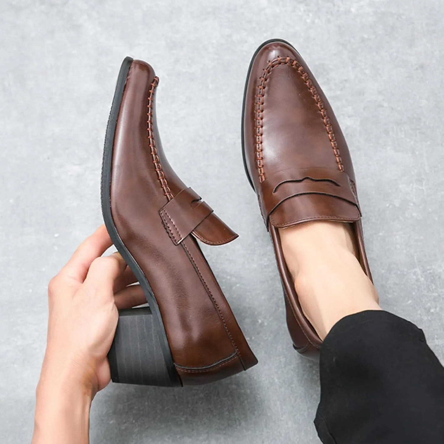 Men's Leather Block Mid-Heel Slip-On Formal Loafers Shoes Retro Handmade Pointed Chunky Heel Non-Slip Slip On Low Top Business Chelsea Oxford Shoes for Work Party Wedding Office