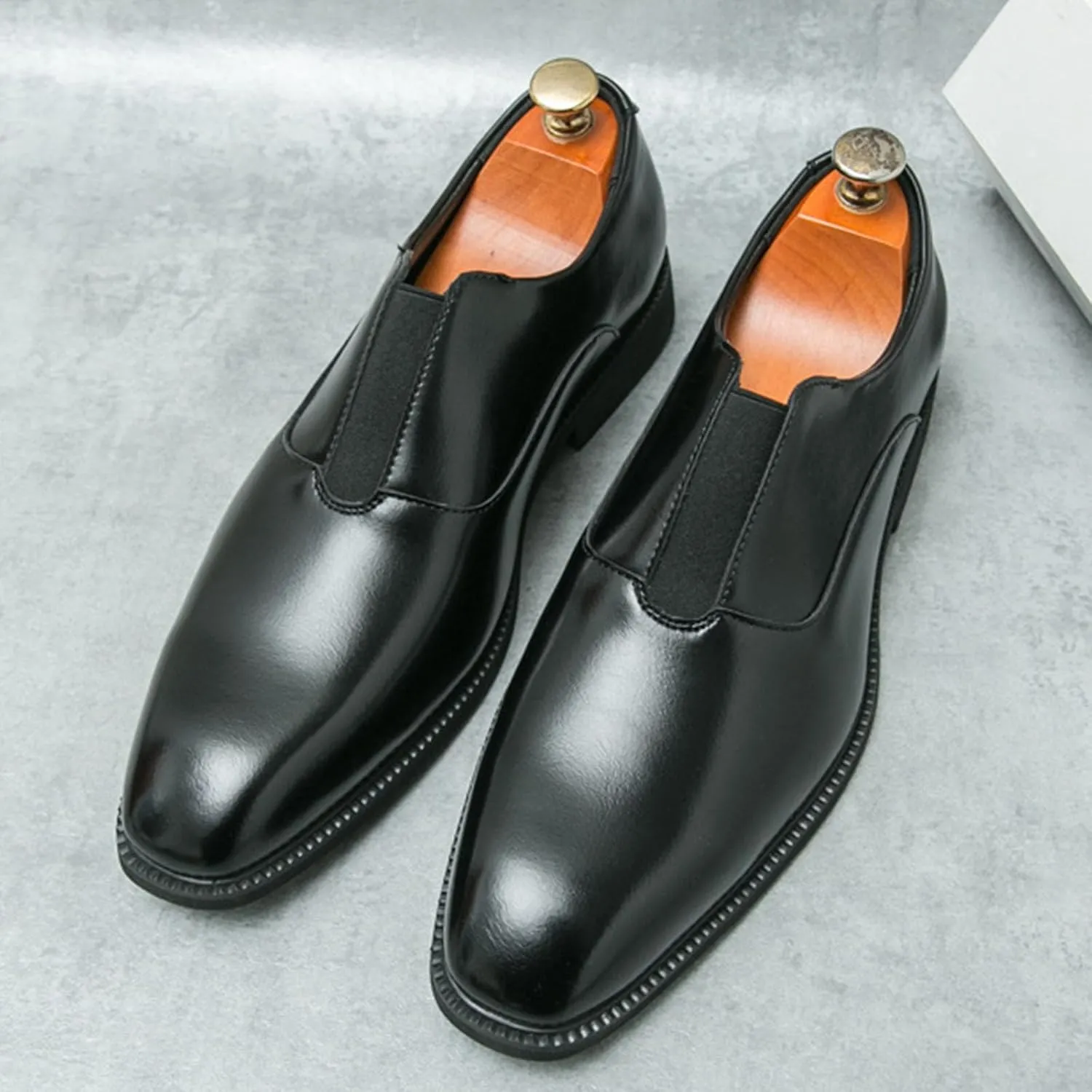 Men's Leather Elastic Band Low Top Dress Business Loafers Fashion Square Toe Low Heeled Slip-On Formal Tuxedo Derby Shoes Classic Plain Toe Modern Formal Leather Shoes