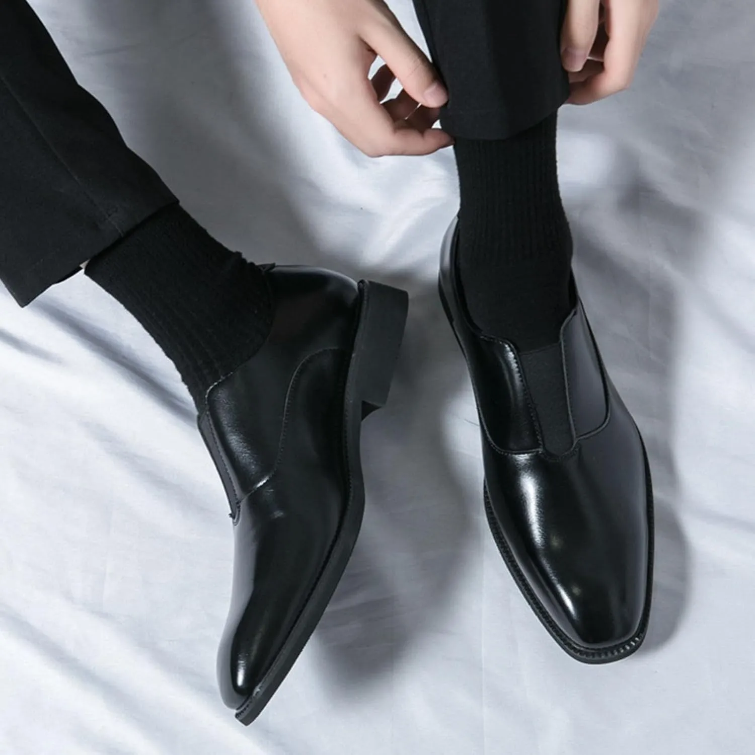 Men's Leather Elastic Band Low Top Dress Business Loafers Fashion Square Toe Low Heeled Slip-On Formal Tuxedo Derby Shoes Classic Plain Toe Modern Formal Leather Shoes