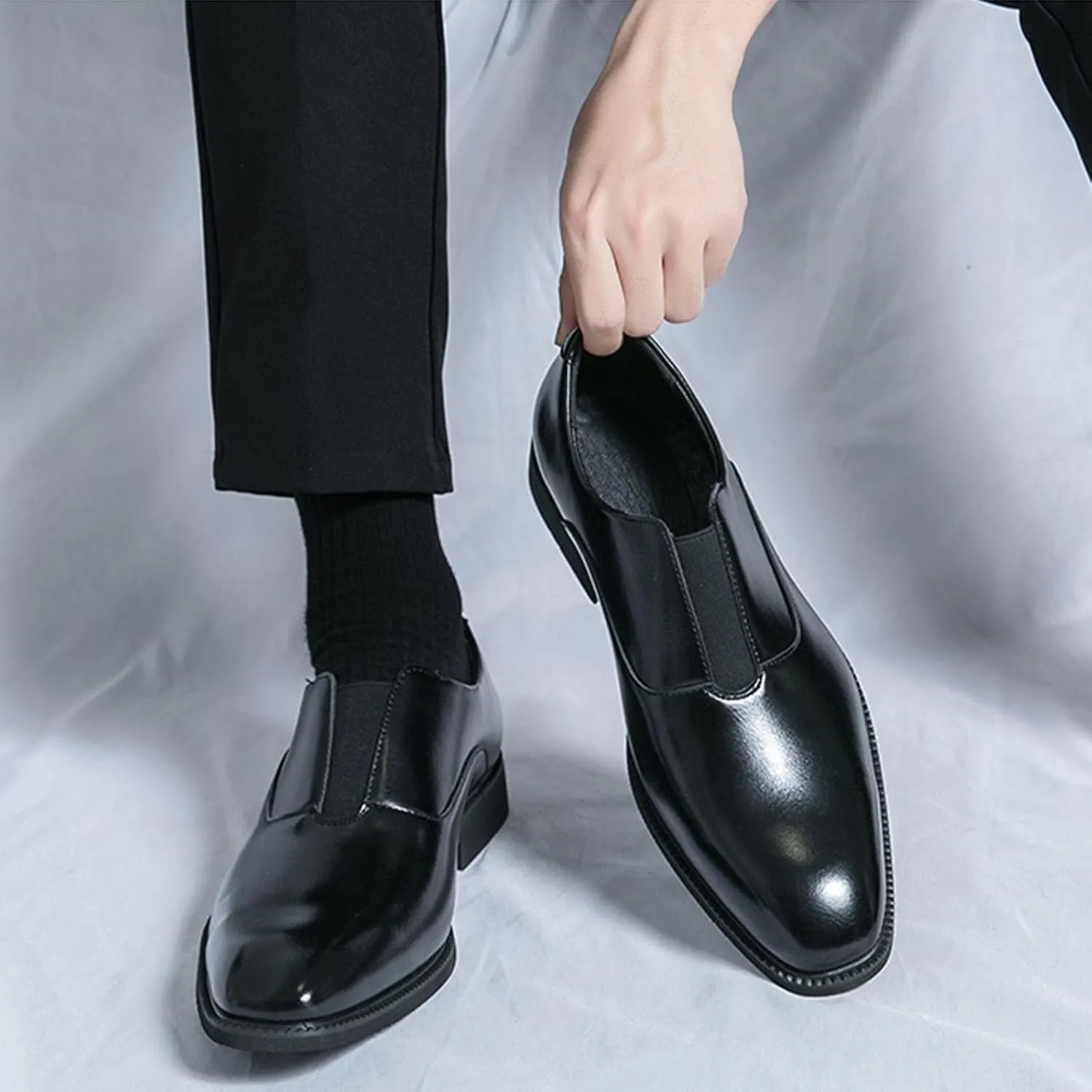Men's Leather Elastic Band Low Top Dress Business Loafers Fashion Square Toe Low Heeled Slip-On Formal Tuxedo Derby Shoes Classic Plain Toe Modern Formal Leather Shoes