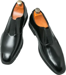 Men's Leather Elastic Band Low Top Dress Business Loafers Fashion Square Toe Low Heeled Slip-On Formal Tuxedo Derby Shoes Classic Plain Toe Modern Formal Leather Shoes