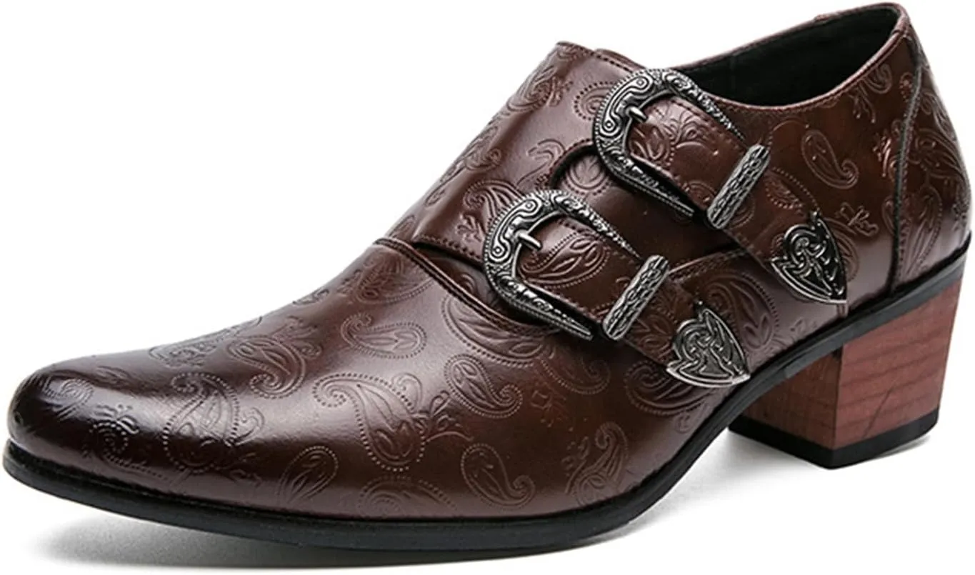Men's Leather Pointed Dual Monk Straps Loafers Slip-on Waterproof Arch Support Oxford Formal Business Casual Comfortable Dress Shoes