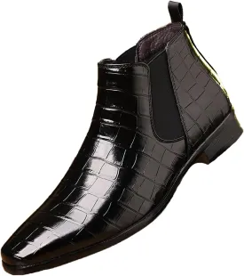 Men's Leather Print Slip On Chelsea Boots Comfortable High Top Pointed Toe Elastic Band Pull On Business Casual Dress Ankle Boots