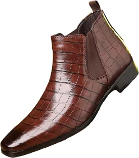 Men's Leather Print Slip On Chelsea Boots Comfortable High Top Pointed Toe Elastic Band Pull On Business Casual Dress Ankle Boots