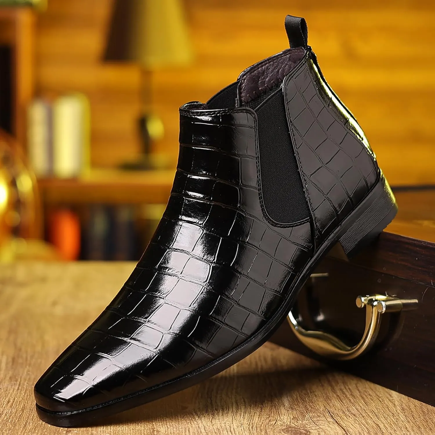 Men's Leather Print Slip On Chelsea Boots Comfortable High Top Pointed Toe Elastic Band Pull On Business Casual Dress Ankle Boots