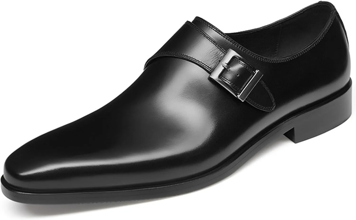 Mens Retro Comfort Slip On Monk Buckle Loafers Pointed-Toe Low Heel Polishing Leather Formal Tuxedo Shoes Fashion Business Dress Oxford Shoes