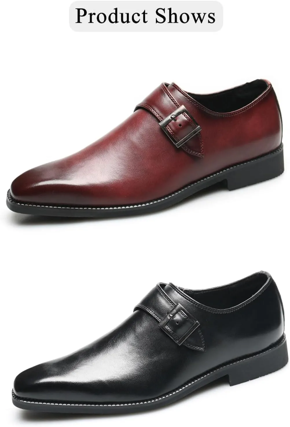 Mens Retro Comfort Slip On Monk Buckle Loafers Pointed-Toe Low Heel Polishing Leather Formal Tuxedo Shoes Fashion Business Dress Oxford Shoes