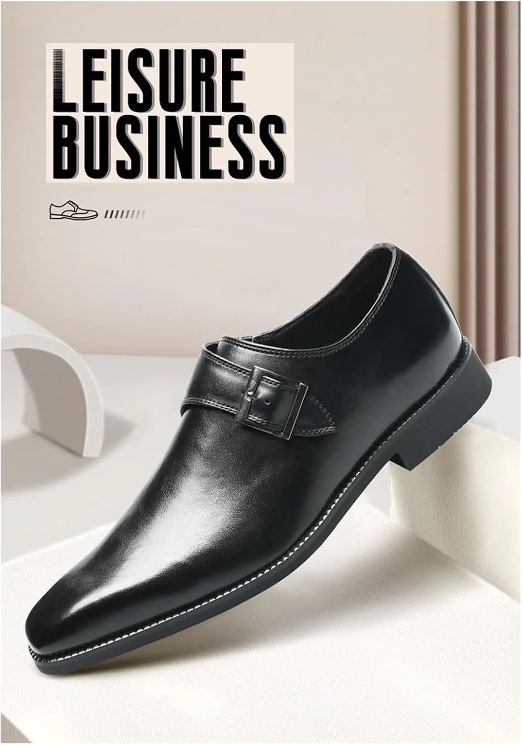 Mens Retro Comfort Slip On Monk Buckle Loafers Pointed-Toe Low Heel Polishing Leather Formal Tuxedo Shoes Fashion Business Dress Oxford Shoes