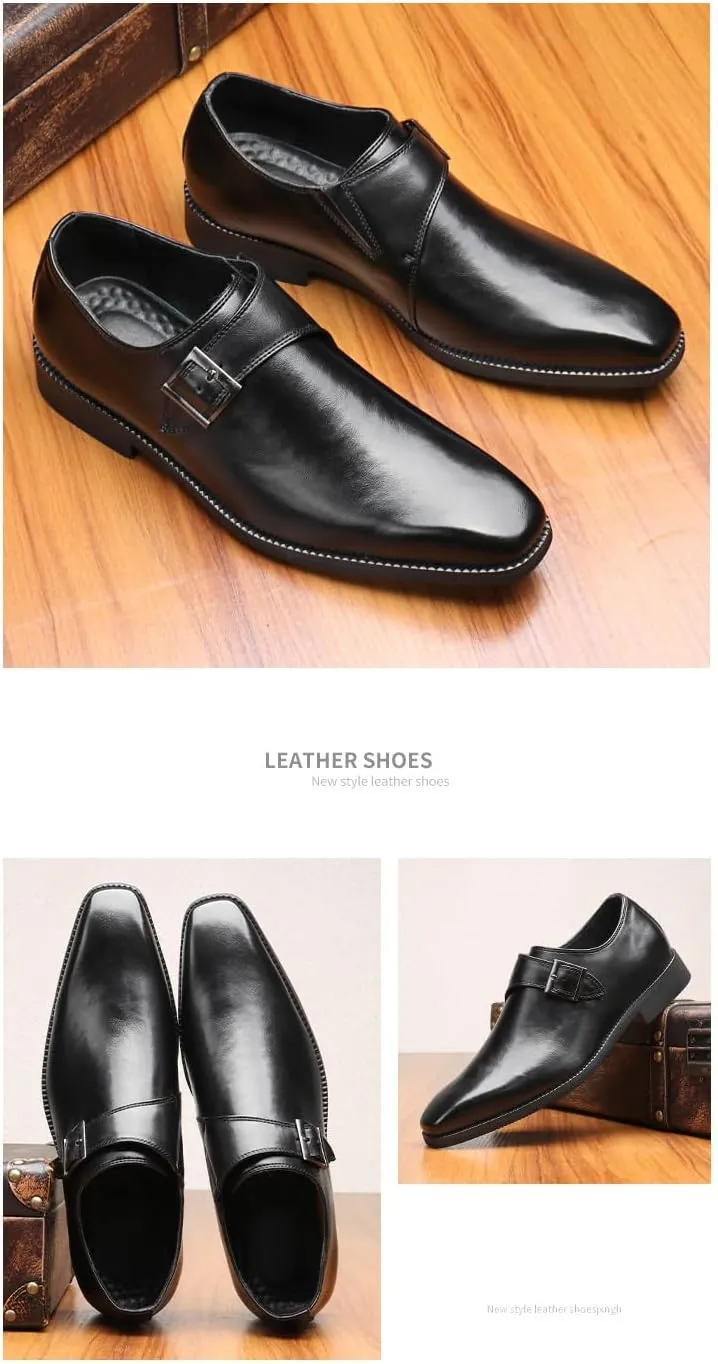 Mens Retro Comfort Slip On Monk Buckle Loafers Pointed-Toe Low Heel Polishing Leather Formal Tuxedo Shoes Fashion Business Dress Oxford Shoes