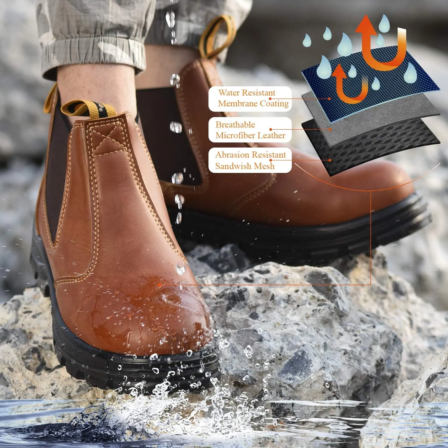 Mens Work Boots Steel Toe Chelsea Safety Boots Cow Leather Waterproof Lightweight Working Shoes