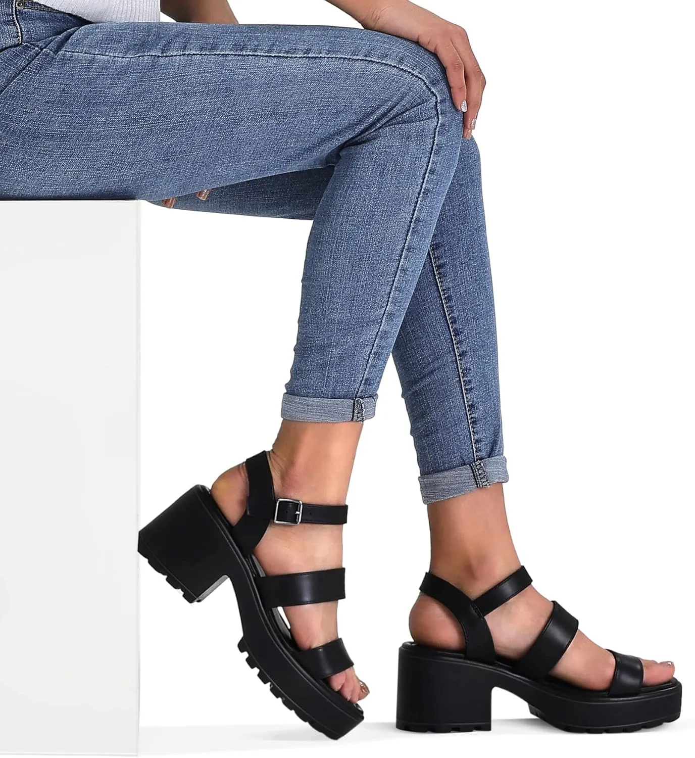 mysoft Women's Platform Sandals Ankle Strap Open Toe Lug Sole 3 Inch Chunky Block Heeled Sandals