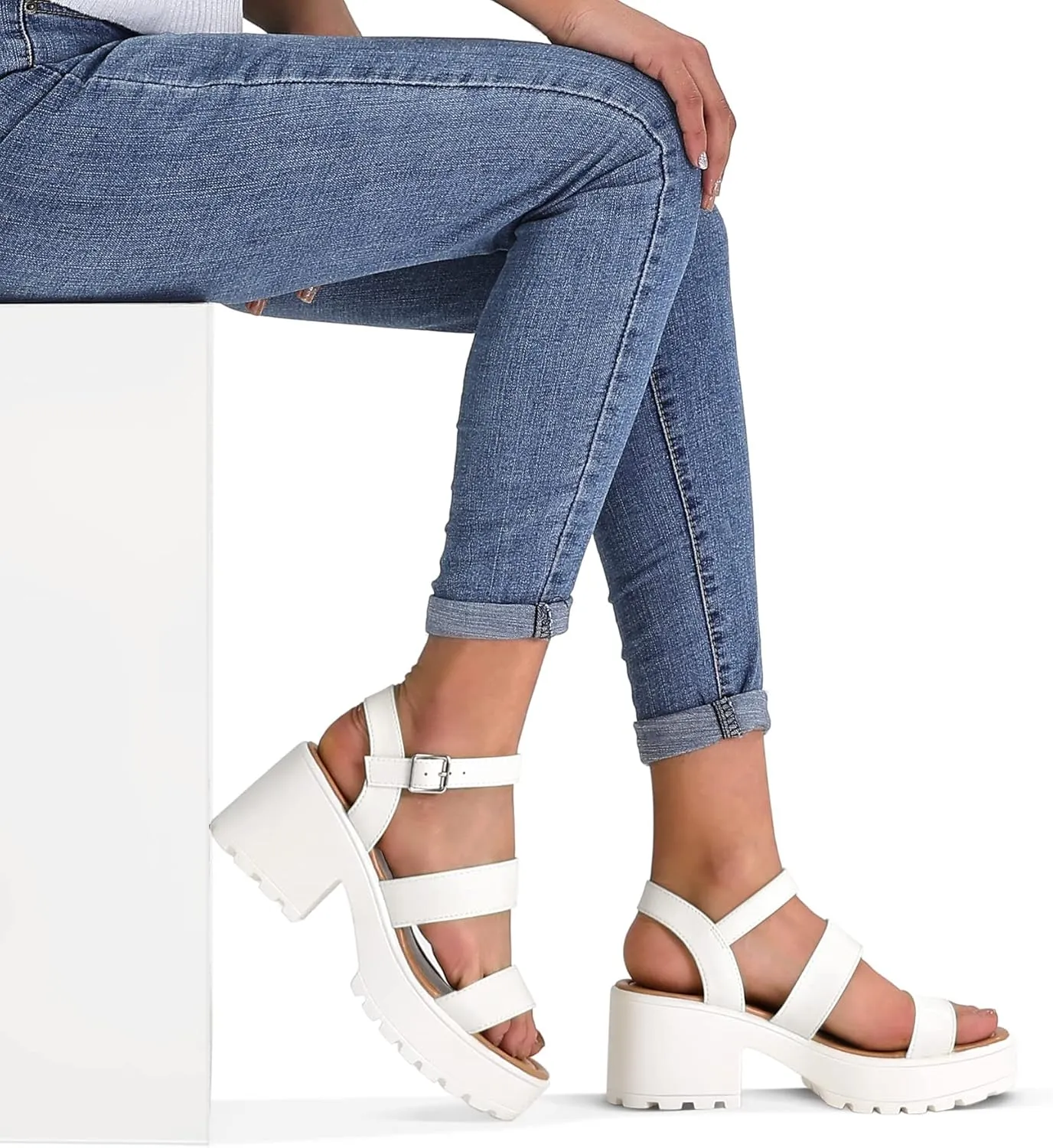 mysoft Women's Platform Sandals Ankle Strap Open Toe Lug Sole 3 Inch Chunky Block Heeled Sandals