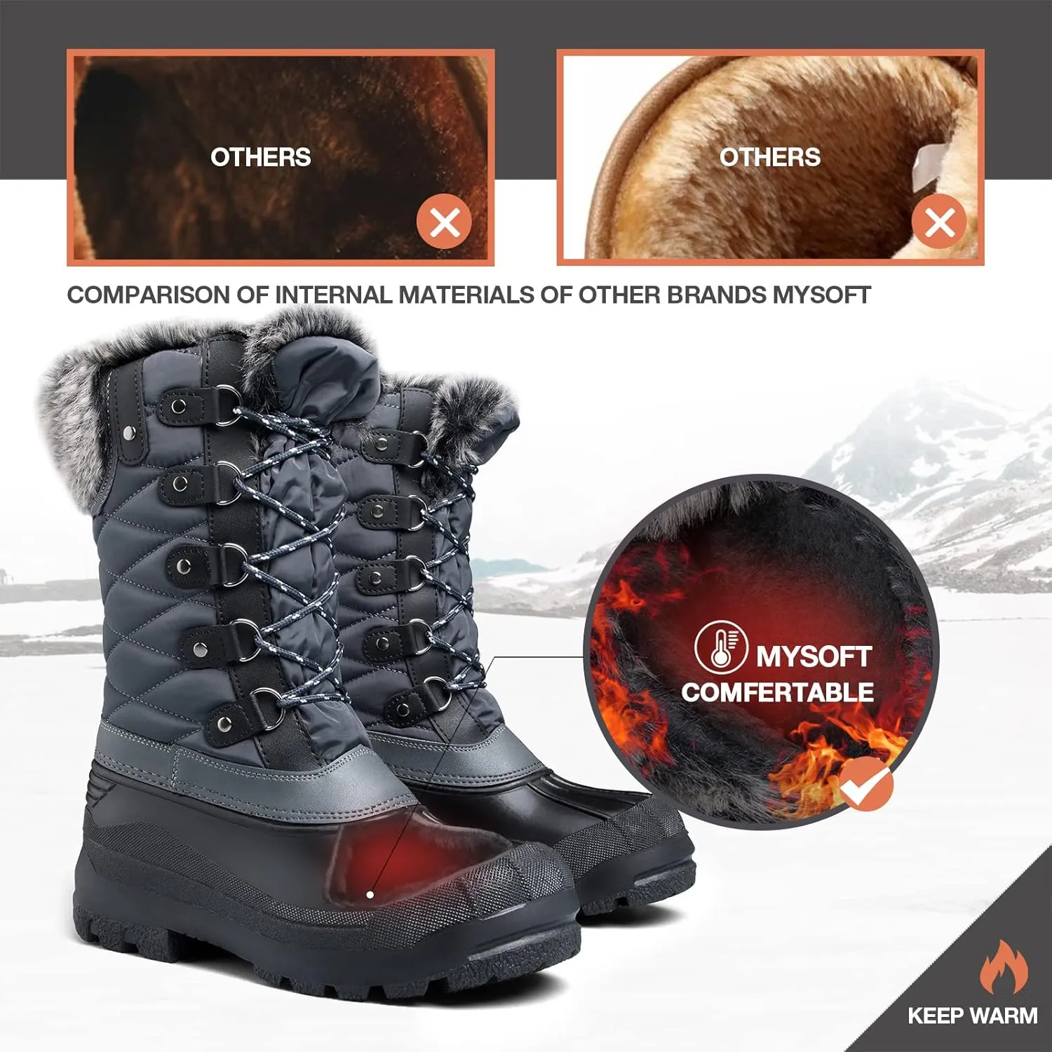 mysoft Women's Snow Boots Warm Insulated Faux Fur Lined Waterproof Mid-Calf Winter Boots