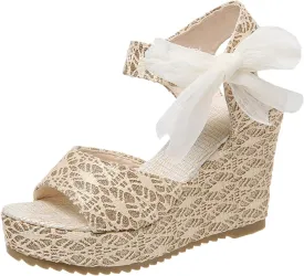 Platform Sandals for Women Ankle Buckle Flat Wedges Open Toe Slip On High Heel Sandal with Strap Bowknot Summer Shoes
