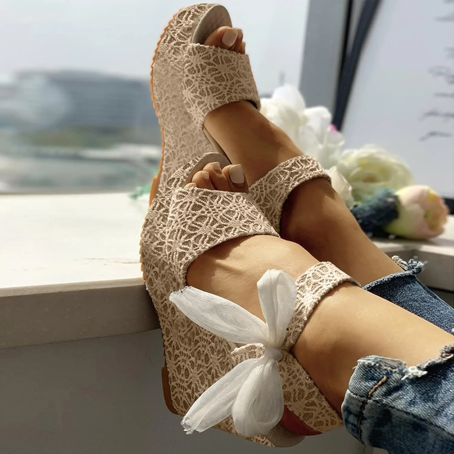 Platform Sandals for Women Ankle Buckle Flat Wedges Open Toe Slip On High Heel Sandal with Strap Bowknot Summer Shoes