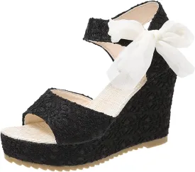 Platform Sandals for Women Ankle Buckle Flat Wedges Open Toe Slip On High Heel Sandal with Strap Bowknot Summer Shoes