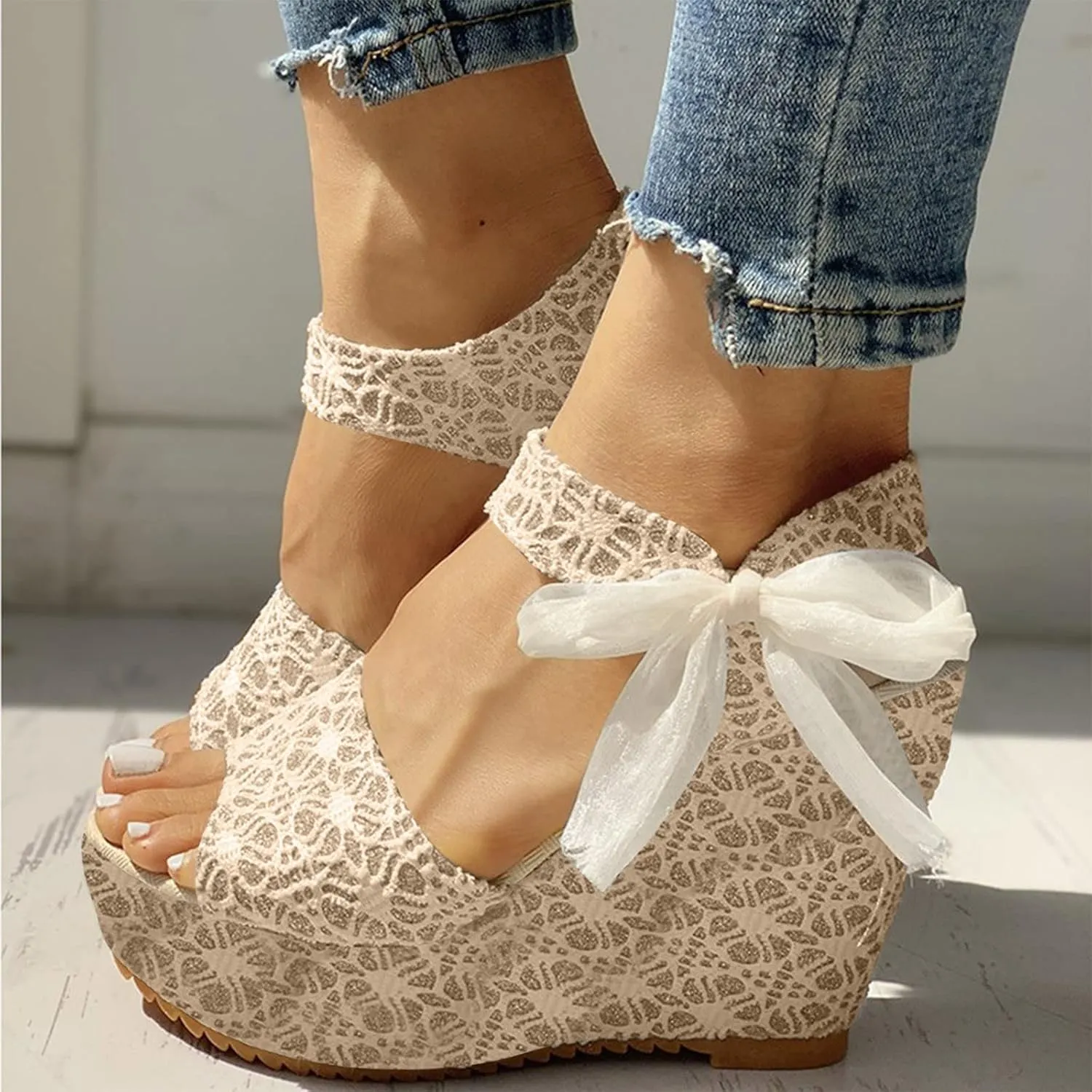 Platform Sandals for Women Ankle Buckle Flat Wedges Open Toe Slip On High Heel Sandal with Strap Bowknot Summer Shoes