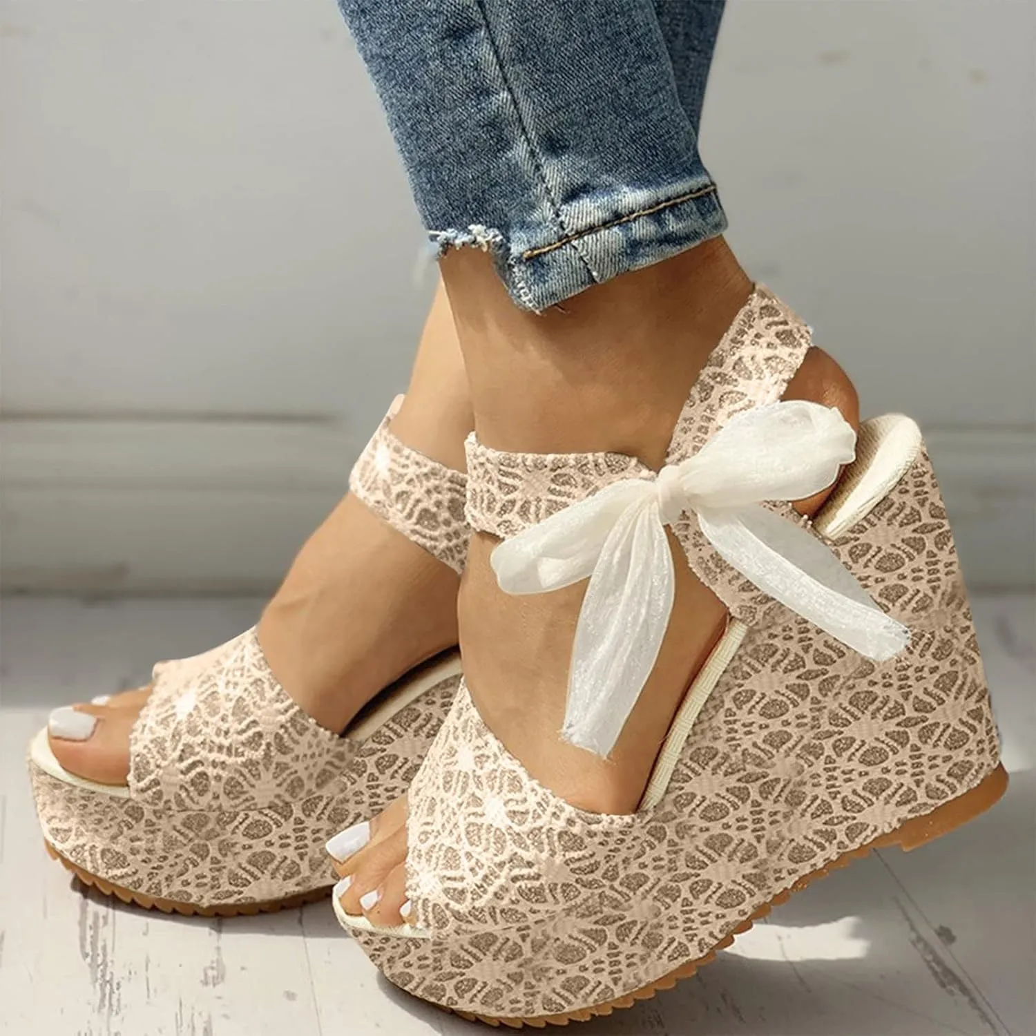 Platform Sandals for Women Ankle Buckle Flat Wedges Open Toe Slip On High Heel Sandal with Strap Bowknot Summer Shoes