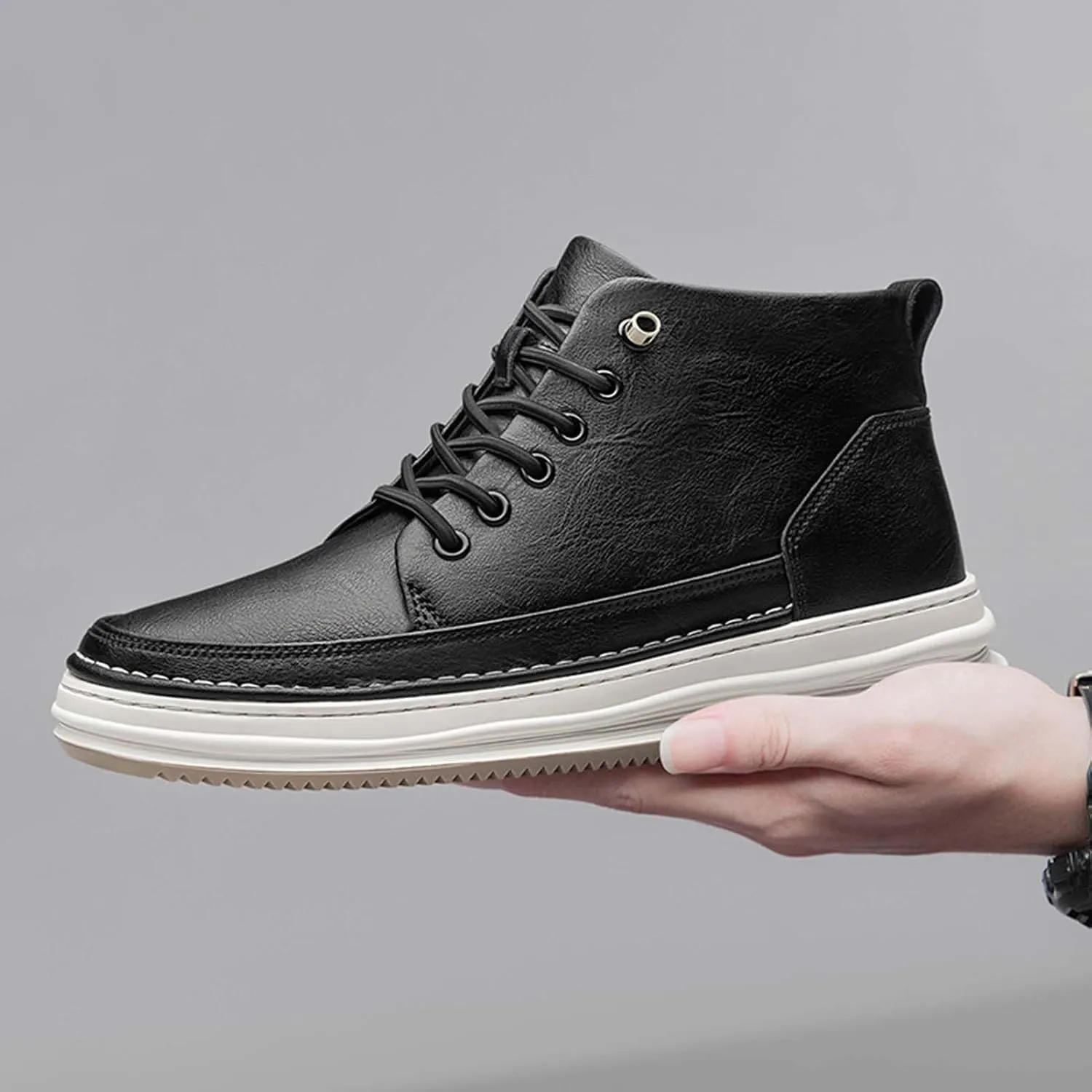 SECHRITE Mens Elevator Boots Mid-top Invisible Height Increasing Elevator Shoes 2.4 Inches Taller Leather Casual Boots