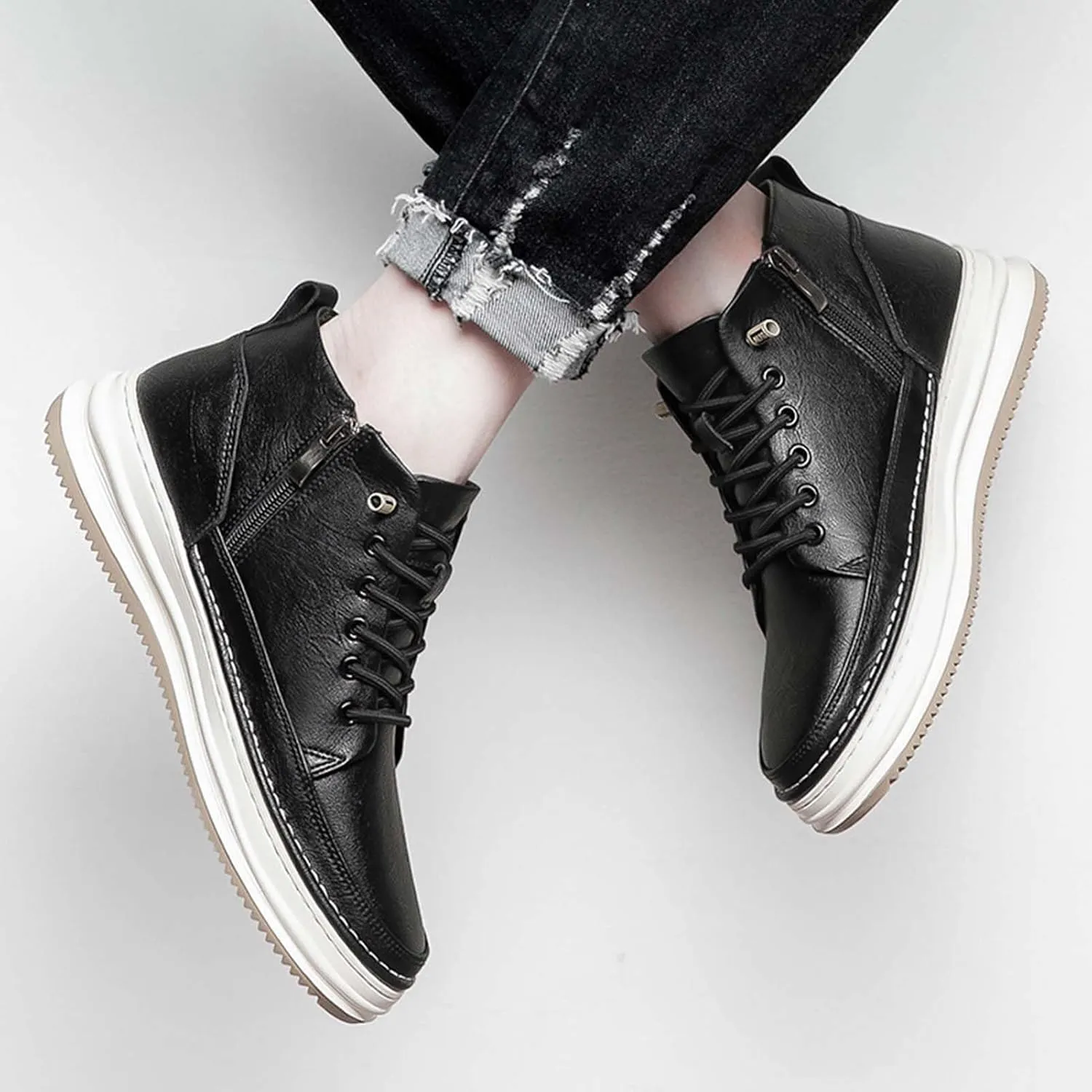 SECHRITE Mens Elevator Boots Mid-top Invisible Height Increasing Elevator Shoes 2.4 Inches Taller Leather Casual Boots