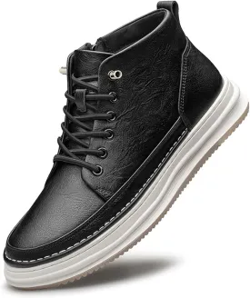 SECHRITE Mens Elevator Boots Mid-top Invisible Height Increasing Elevator Shoes 2.4 Inches Taller Leather Casual Boots