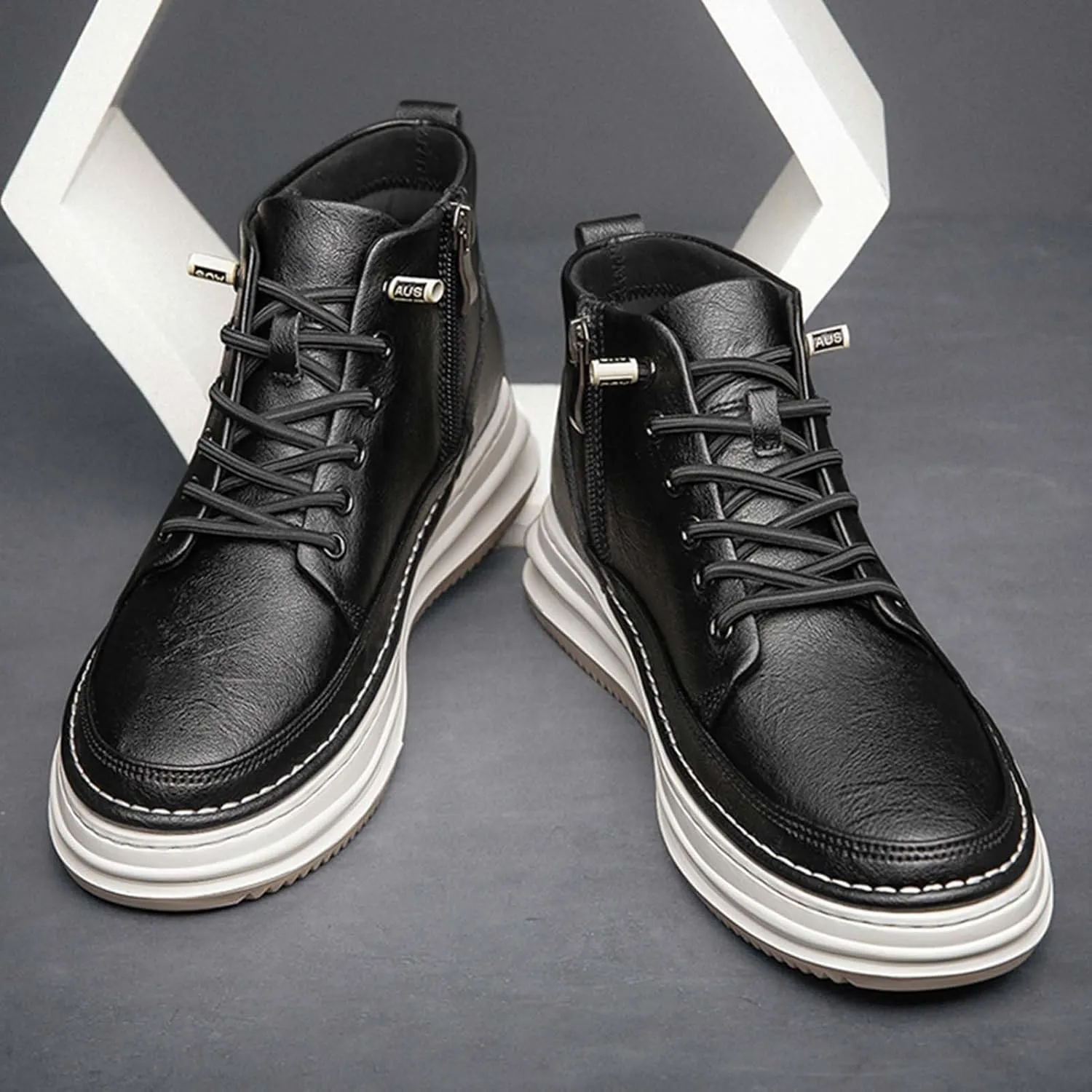 SECHRITE Mens Elevator Boots Mid-top Invisible Height Increasing Elevator Shoes 2.4 Inches Taller Leather Casual Boots
