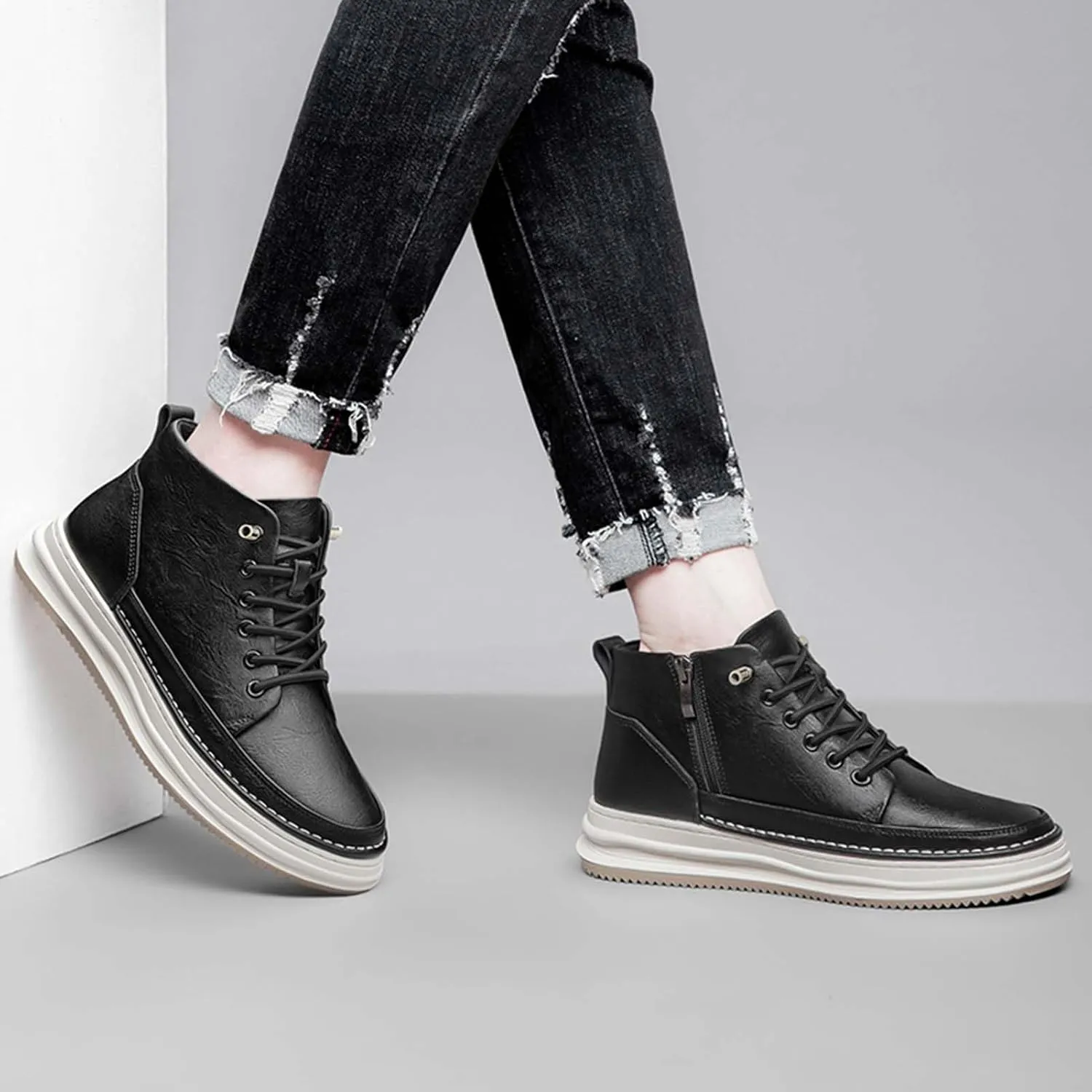 SECHRITE Mens Elevator Boots Mid-top Invisible Height Increasing Elevator Shoes 2.4 Inches Taller Leather Casual Boots
