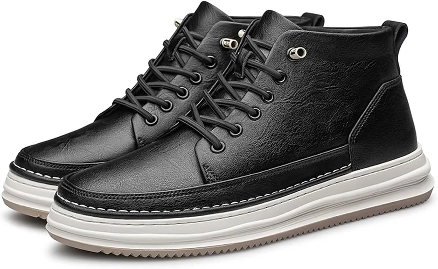 SECHRITE Mens Elevator Boots Mid-top Invisible Height Increasing Elevator Shoes 2.4 Inches Taller Leather Casual Boots