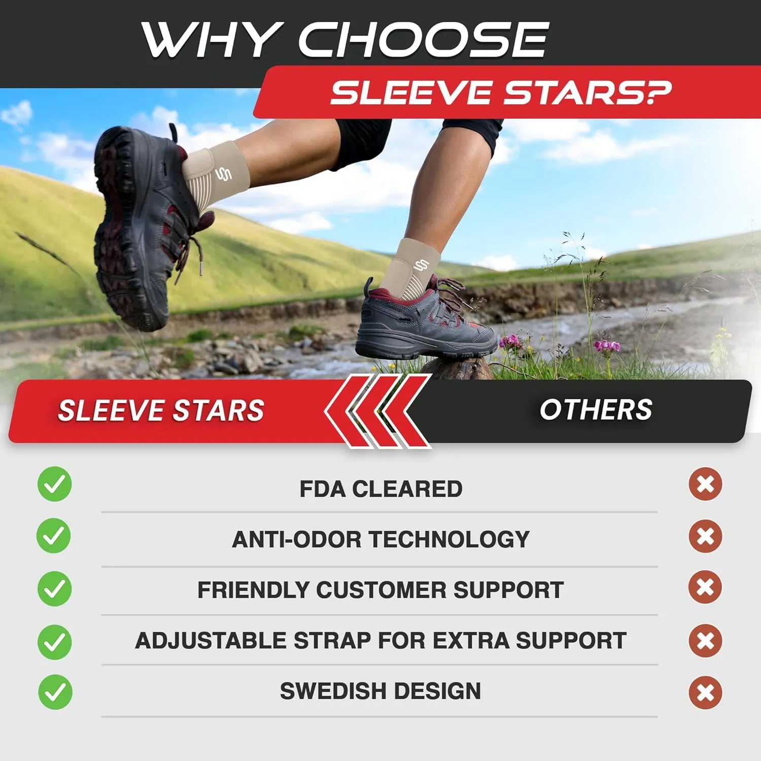 Sleeve Stars Ankle Brace for Sprained Ankle, Plantar Fasciitis Relief Ankle Support for Women, Ankle Compression Sleeve w/ Strap (Single/Beige)