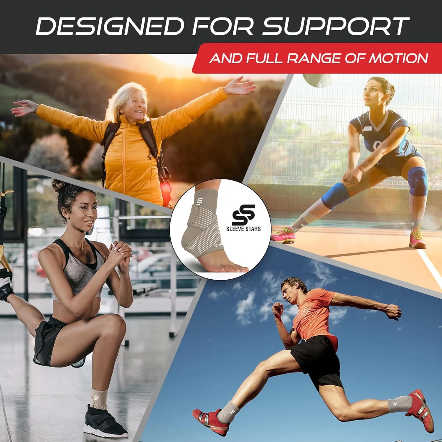 Sleeve Stars Ankle Brace for Sprained Ankle, Plantar Fasciitis Relief Ankle Support for Women, Ankle Compression Sleeve w/ Strap (Single/Beige)